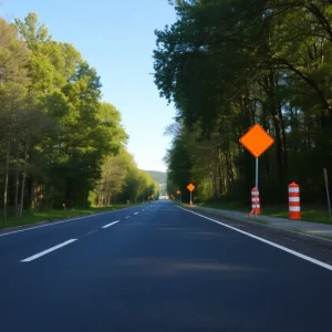 Reopened Sandy Creek Road in Butler County with construction signs
