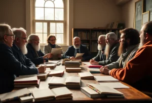 Scholars engaging in a deep discussion about political history and parallels in a classroom.