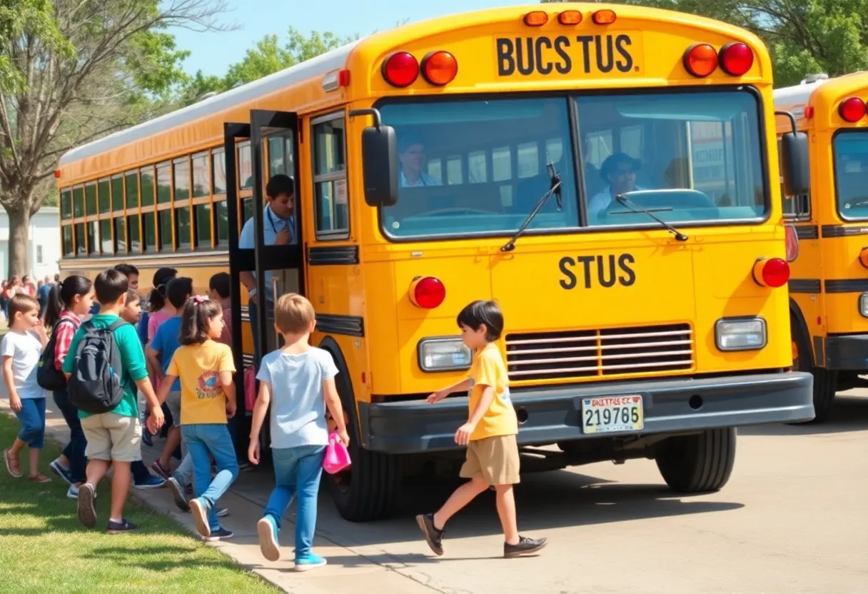 Children boarding a school bus with stop arm extended