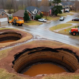 Sinkholes in a flooded area of Bowling Green, Kentucky.