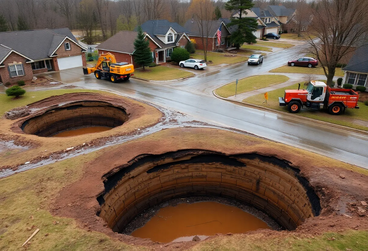 Sinkholes in a flooded area of Bowling Green, Kentucky.