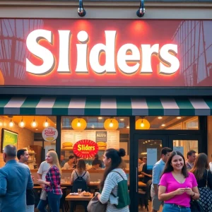 Exterior view of a Smalls Sliders restaurant with customers enjoying their meals.