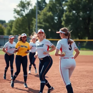 An energetic softball practice session with players on the field.