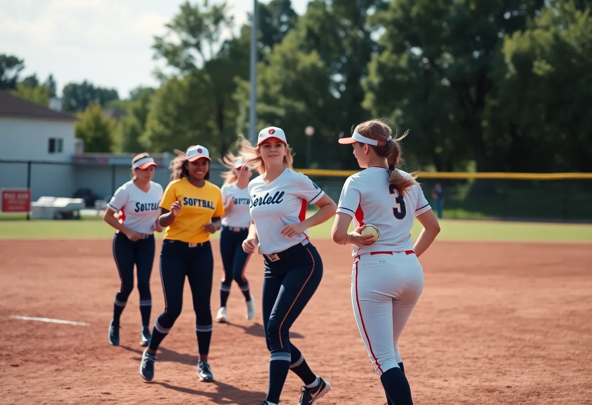 An energetic softball practice session with players on the field.
