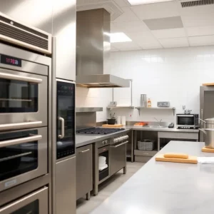 Interior view of the STAR Center kitchen training facility with advanced cooking equipment.