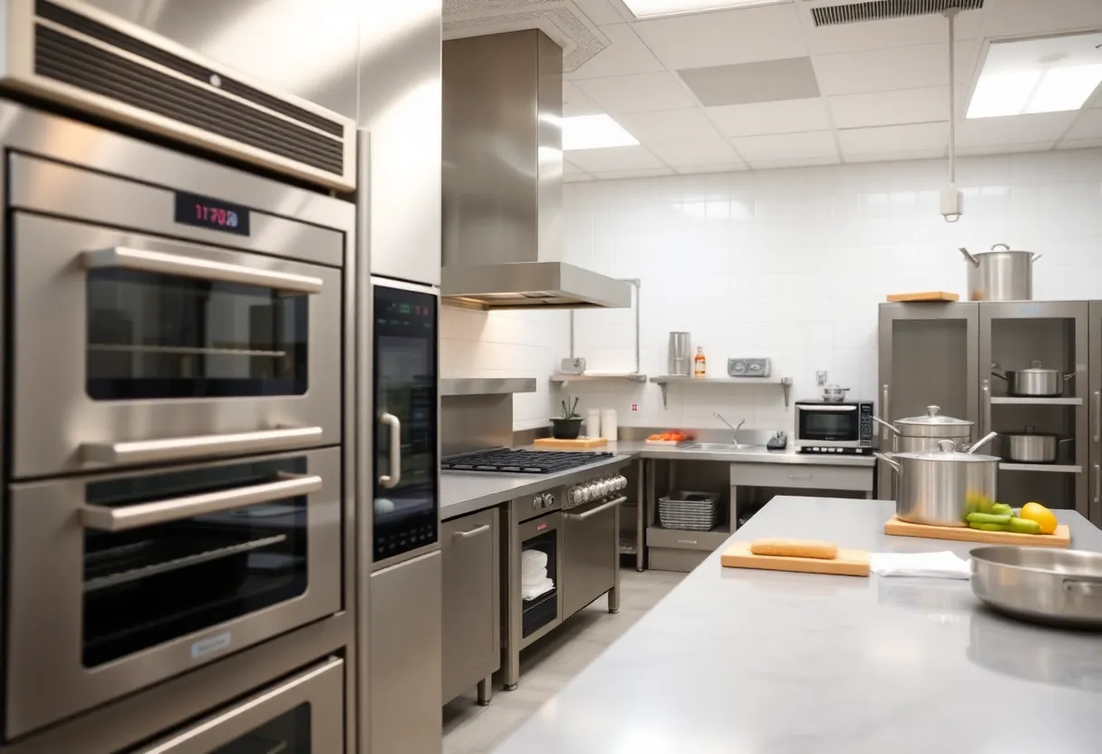Interior view of the STAR Center kitchen training facility with advanced cooking equipment.