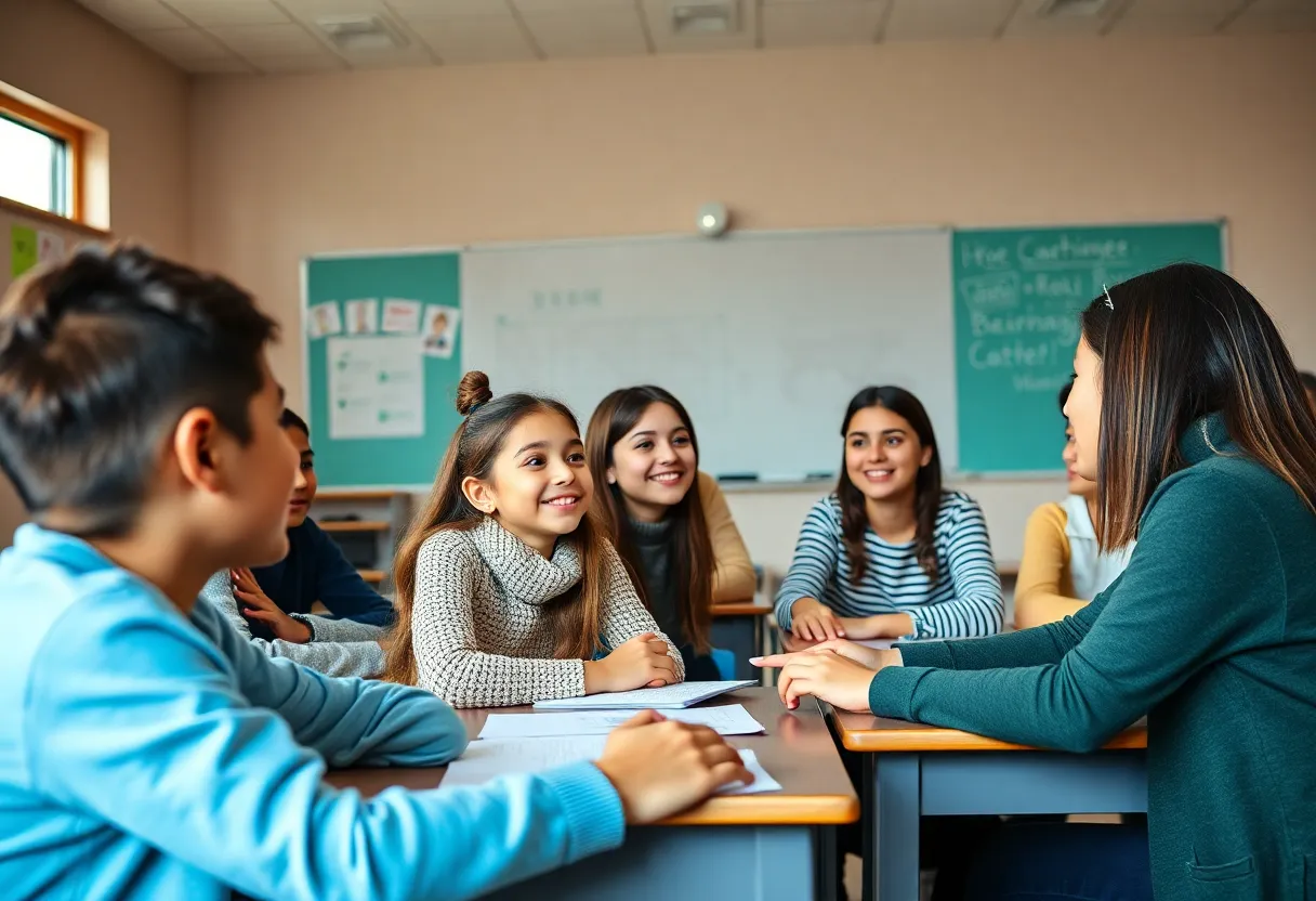 Students actively engaged in learning a foreign language in a classroom.