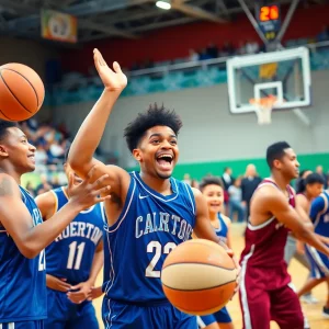 Special Olympics athletes playing basketball with collegiate players at WKU's Diddle Arena.