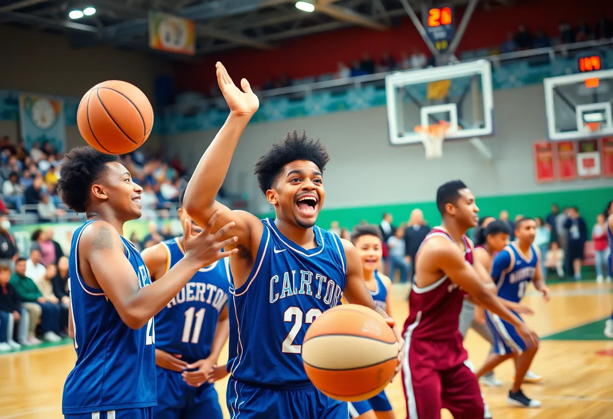 Special Olympics athletes playing basketball with collegiate players at WKU's Diddle Arena.