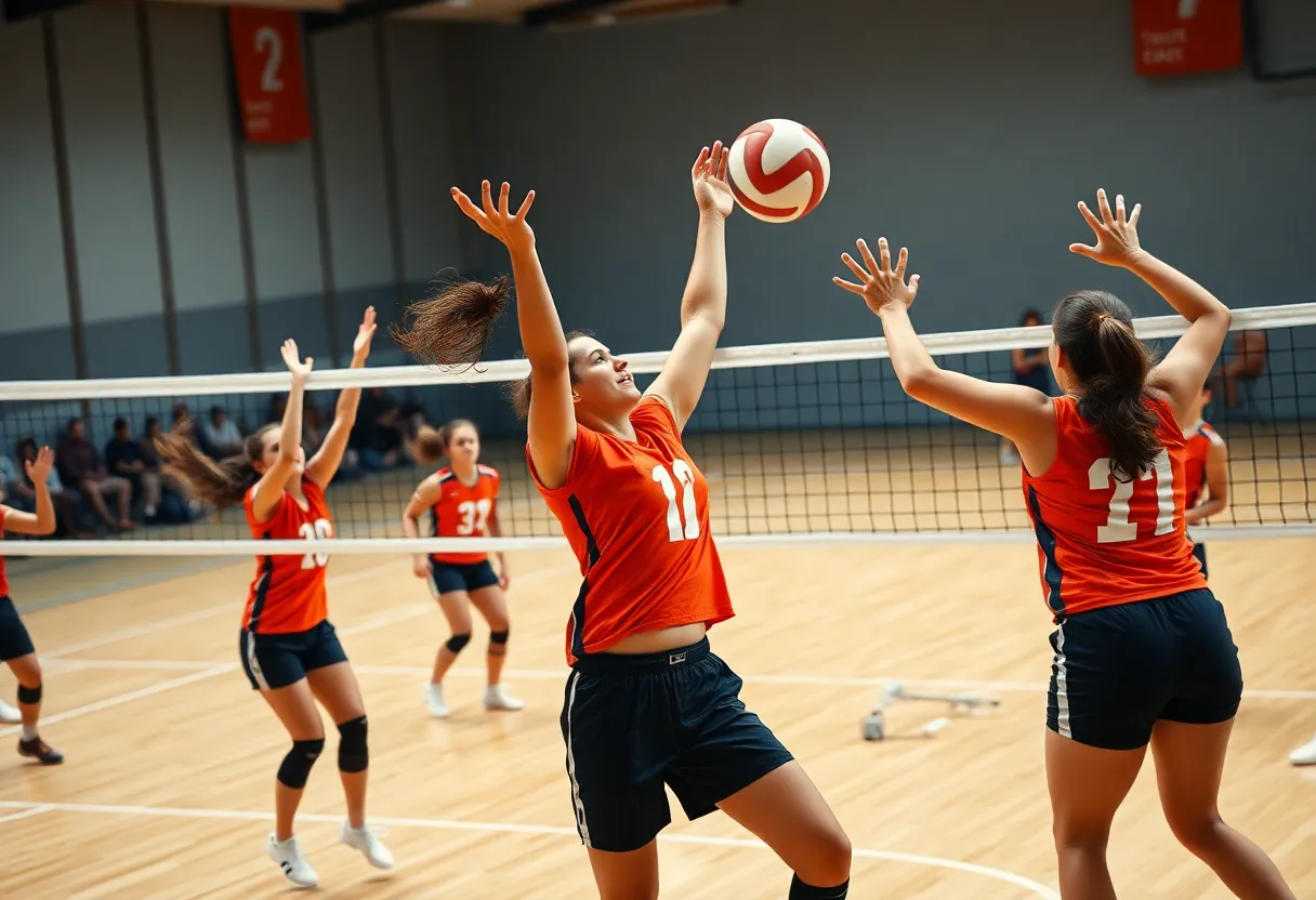 Vanderbilt Women's Volleyball team celebrates after winning a match.
