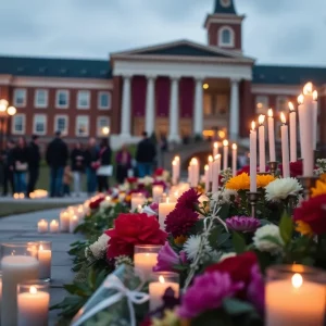 Candles and flowers at a vigil in memory of Charlie Kirk