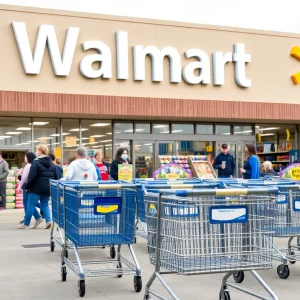 Shopping carts and merchandise outside a Walmart store in Bowling Green, Kentucky.