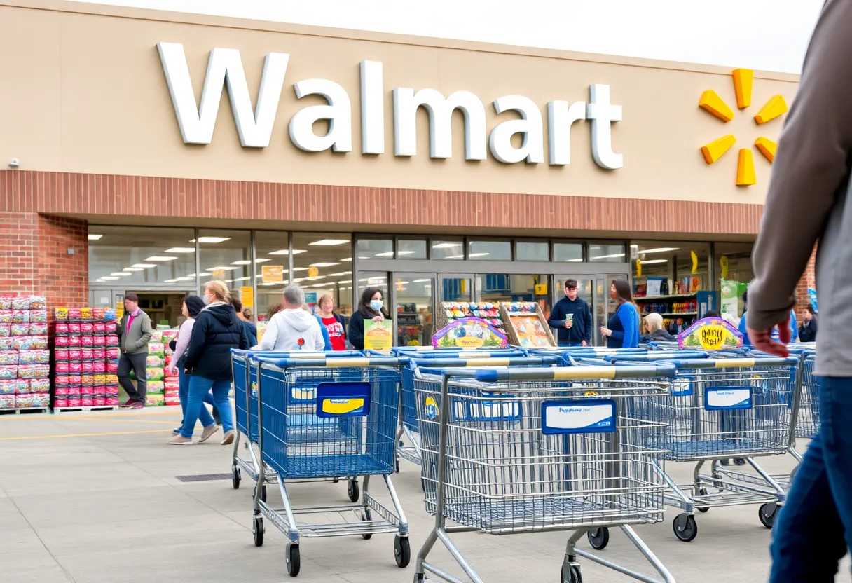 Shopping carts and merchandise outside a Walmart store in Bowling Green, Kentucky.