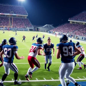 Warren Central football players celebrating a touchdown during a game.