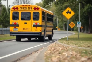 School bus at roadside with caution signs indicating traffic safety.
