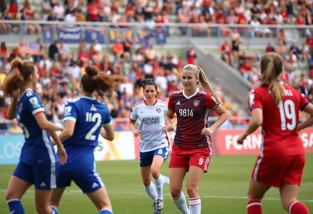 Women’s soccer teams competing during a match