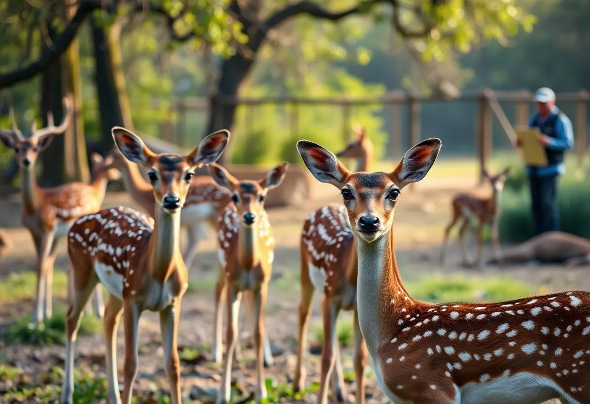Activist advocating for wildlife laws at a sanctuary with fawns