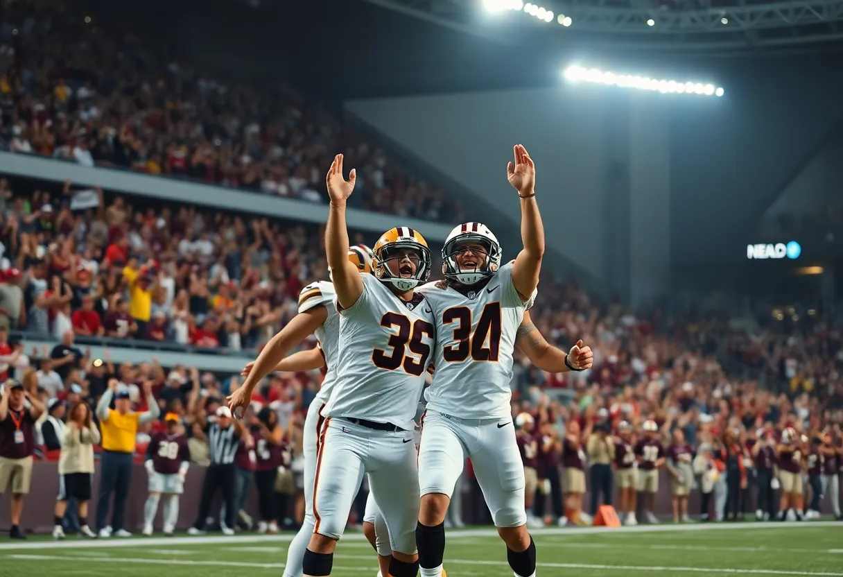 Western Kentucky Hilltoppers celebrating a touchdown on the field.