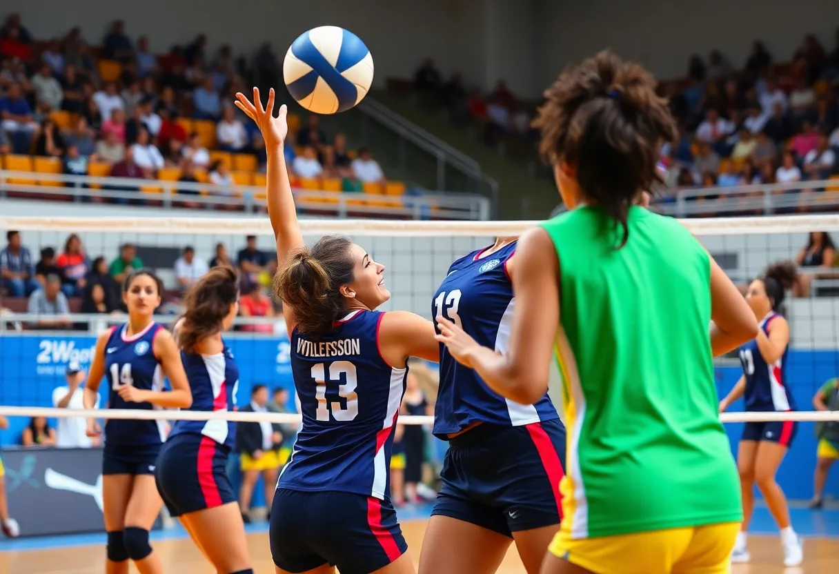 WKU women's volleyball players competing in a match