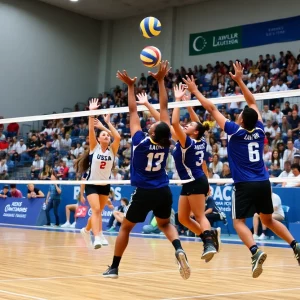Volleyball players competing during a match