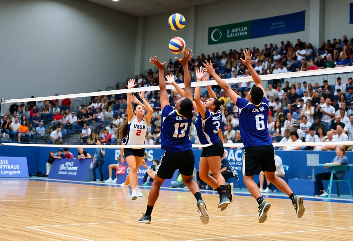 Volleyball players competing during a match
