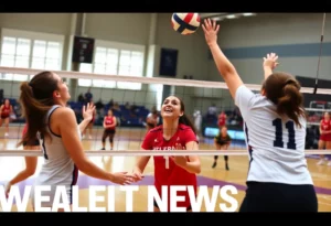 WKU Volleyball players celebrating after a match victory