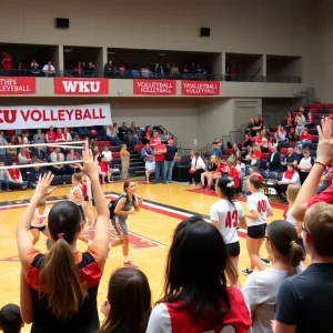 WKU Volleyball tournament match in progress with fans in attendance.