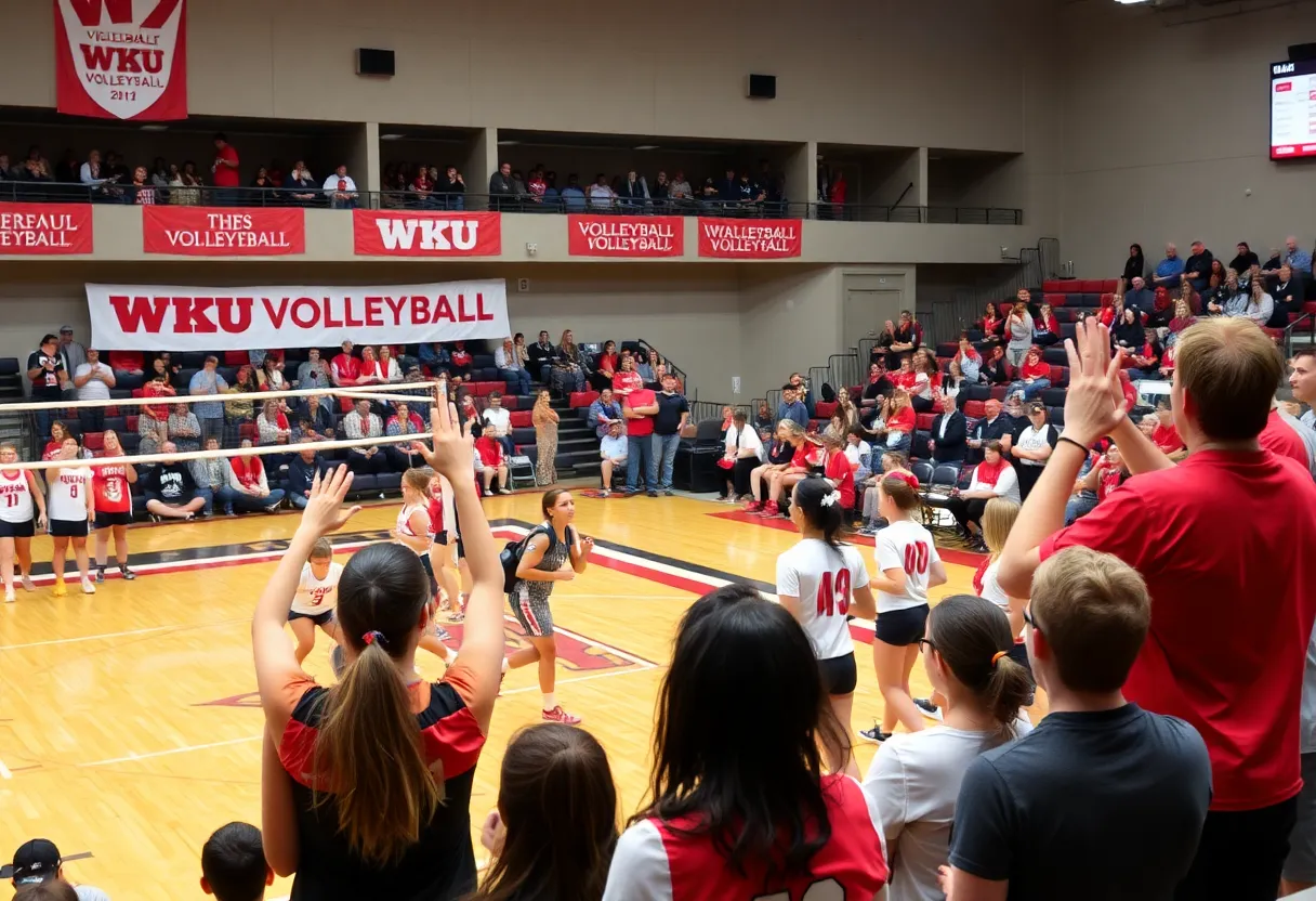 WKU Volleyball tournament match in progress with fans in attendance.