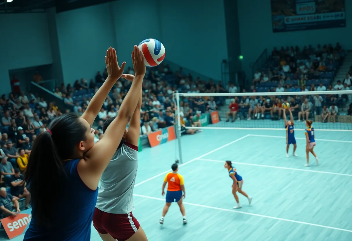 Players from WKU Volleyball competing during a match.