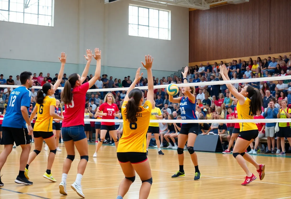 Volleyball players in action during a match