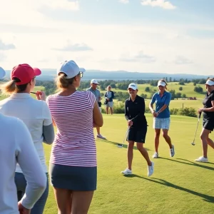Women golfers competing in a tournament on a sunny day