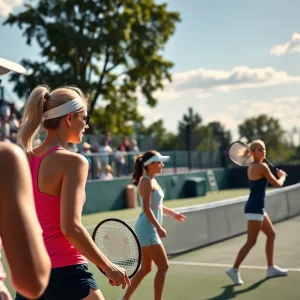 Players competing in a WKU Women's Tennis match on the court