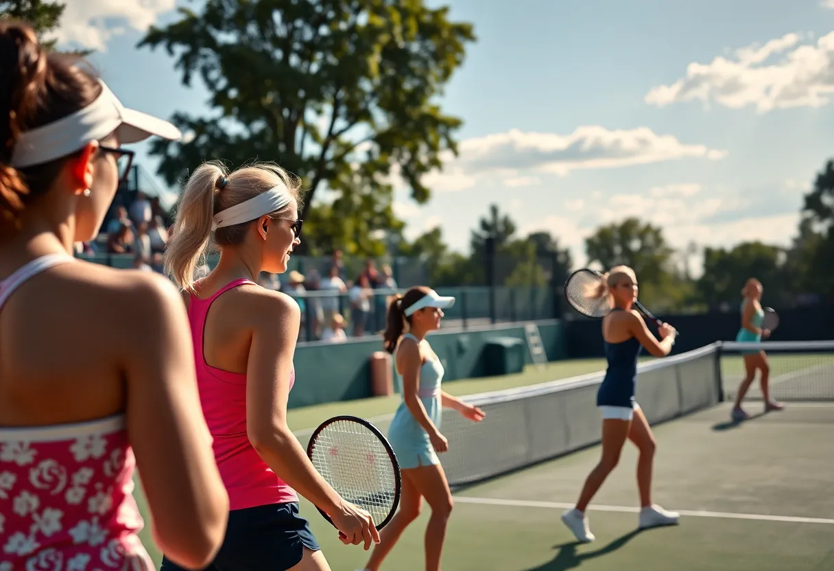 Players competing in a WKU Women's Tennis match on the court