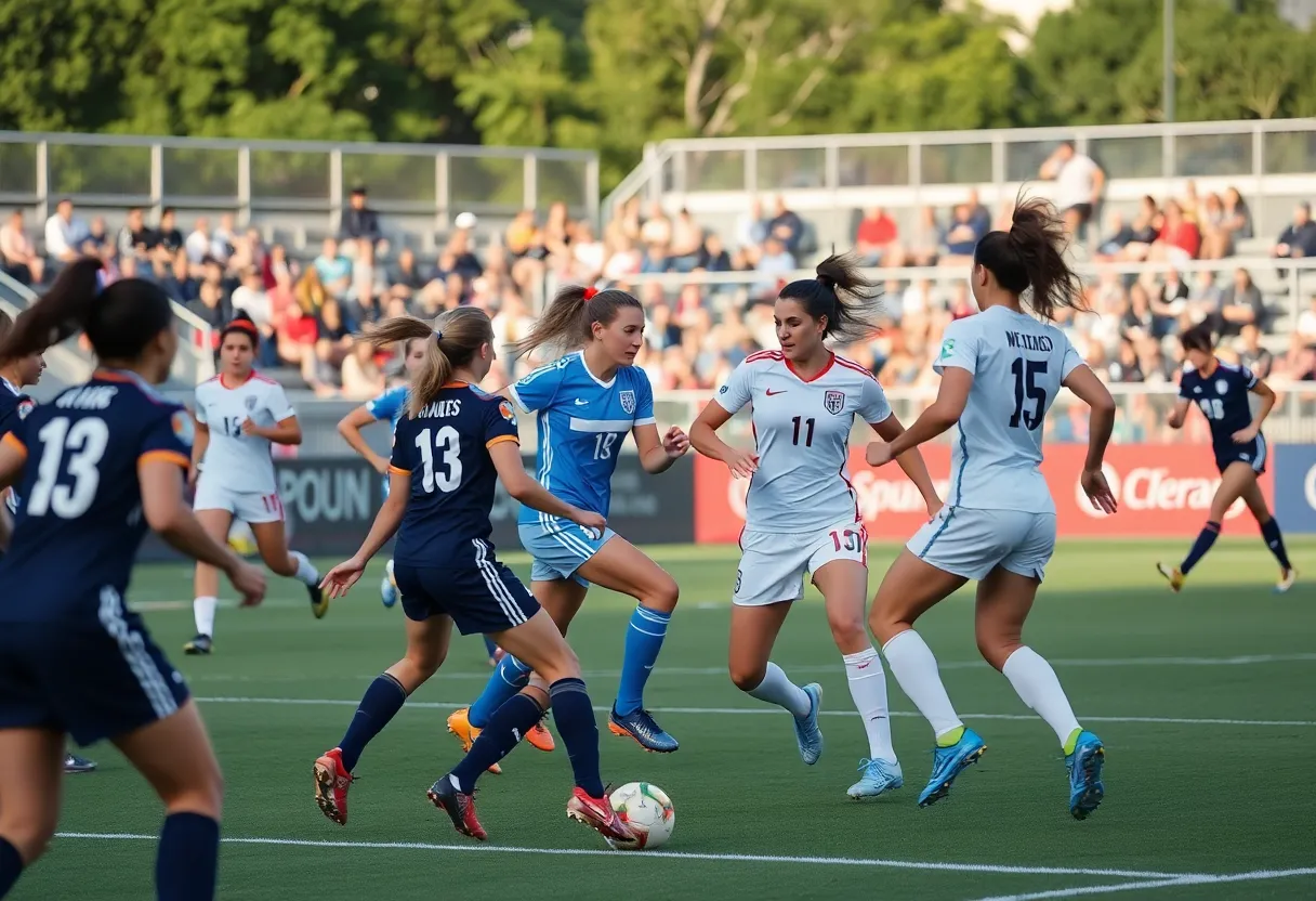 Women playing soccer during a match at WKU Soccer Complex