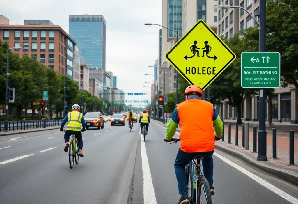 Roadway scene promoting bicycle safety with cyclists wearing helmets and reflective clothing.