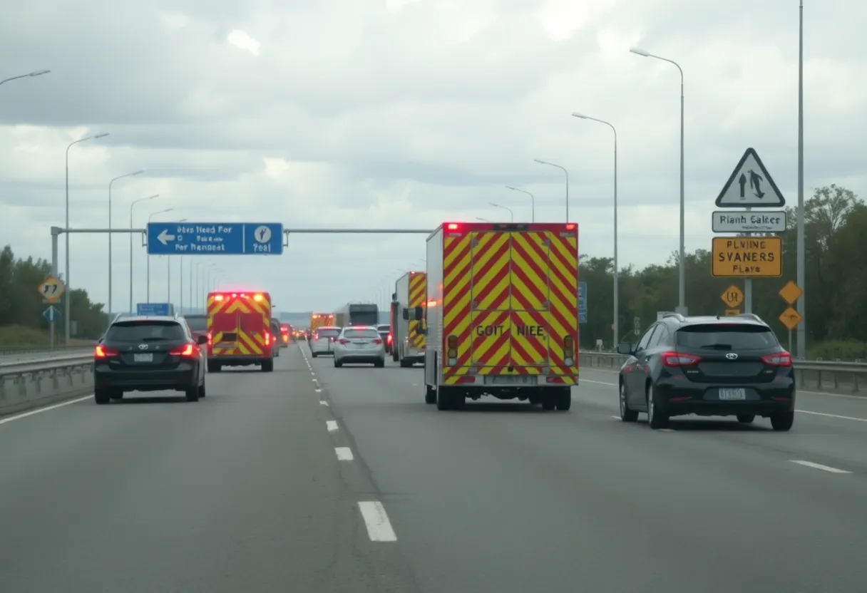 Image depicting a highway with emergency vehicles and traffic signs emphasizing road safety.