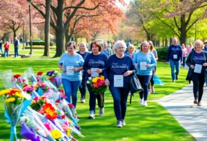 Community members participating in the Alzheimer’s Walk with floral tributes.