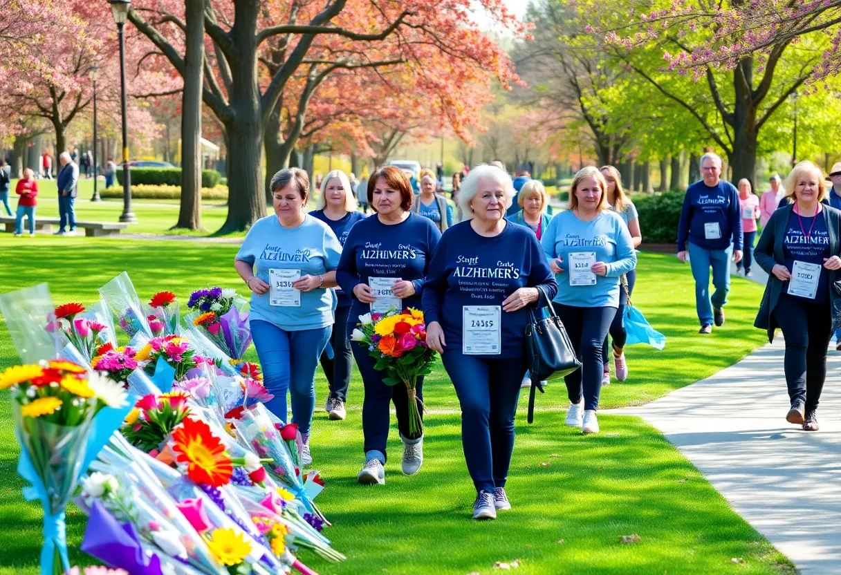 Community members participating in the Alzheimer’s Walk with floral tributes.