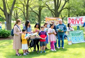 Community members at a book drive in Bowling Green donating children's books.