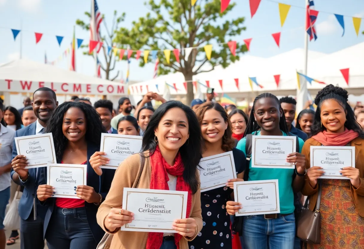 New citizens at Bowling Green Citizenship Reception event holding certificates