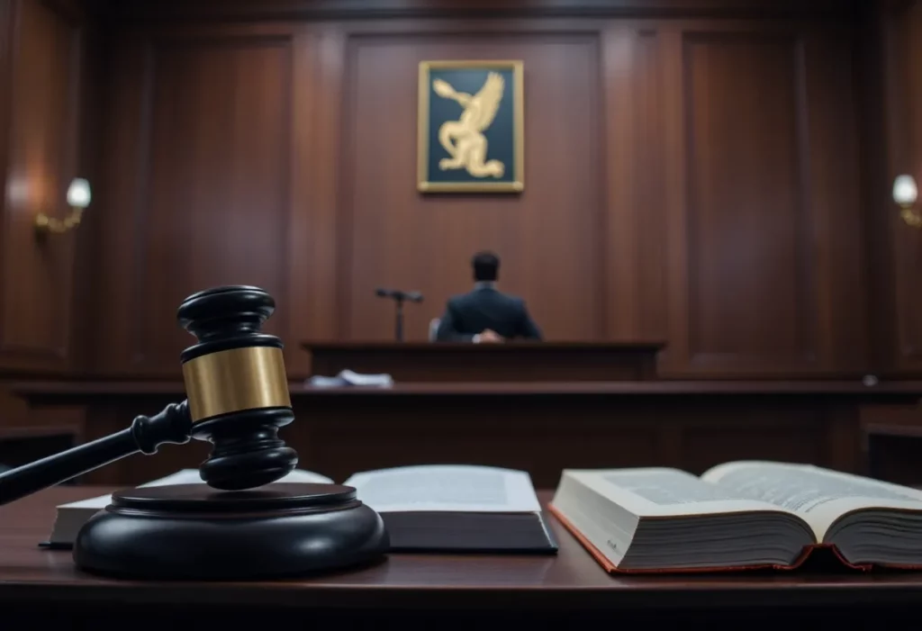 Courtroom setting for a murder trial
