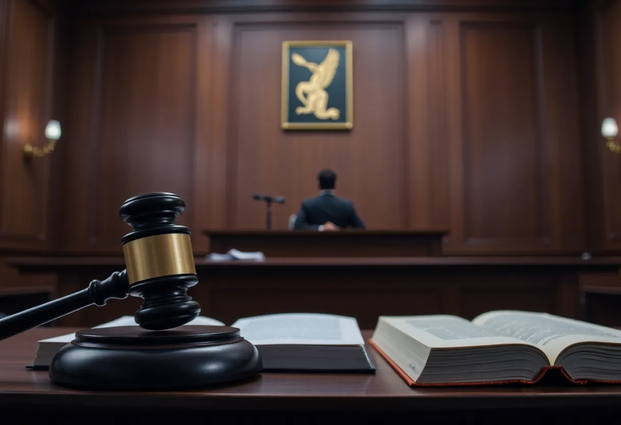 Courtroom setting for a murder trial