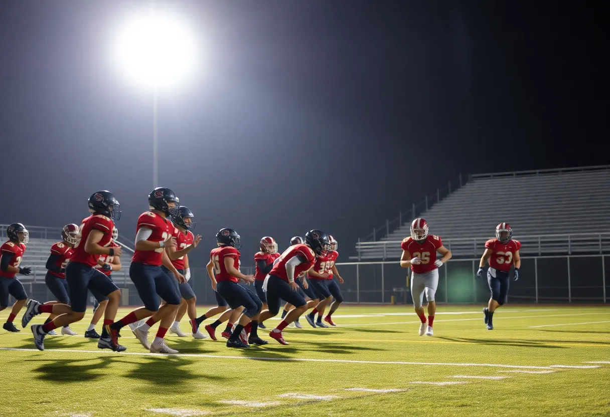 Football players from Bowling Green and Greenwood competing in a high school football game