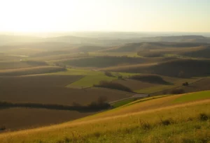 Beautiful landscape of Bowling Green, Kentucky featuring rolling hills and clear skies.