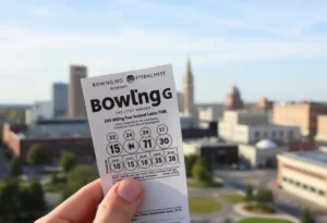 Lottery ticket against the backdrop of Bowling Green, Kentucky.