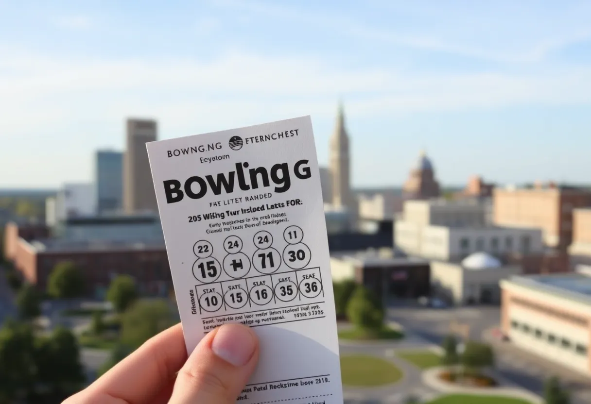 Lottery ticket against the backdrop of Bowling Green, Kentucky.