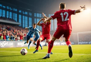 Soccer players engaged in a penalty shootout with supportive fans in the background