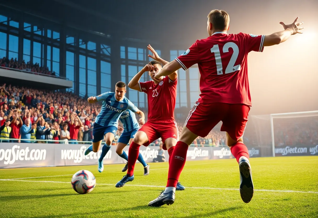 Soccer players engaged in a penalty shootout with supportive fans in the background