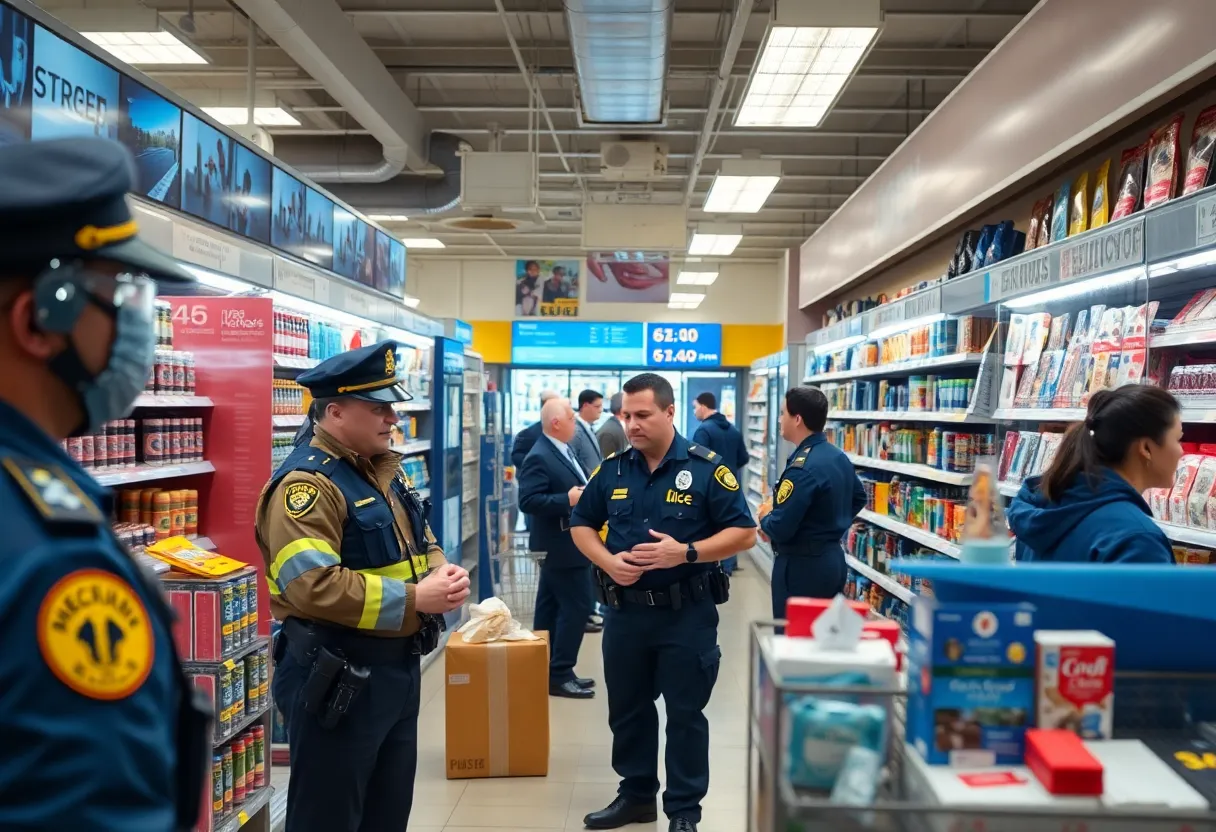 Police officers investigating theft in a retail store with surveillance footage