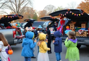 Families participating in a trunk-or-treat event in Bowling Green, with decorated trucks and children in costumes.